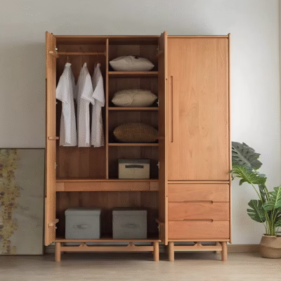 Open view of solid wooden wardrobe with multiple shelves, hanging space, and drawers, showcasing organized storage for clothes and accessories in a modern minimalist bedroom setting.