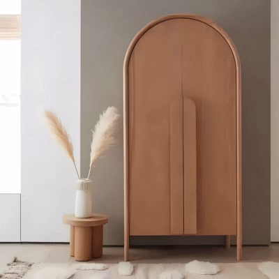 storage wooden wardrobe in minimalist interior, featuring soft curves and natural finish, ideal for modern bedroom storage and Japandi-inspired decor
