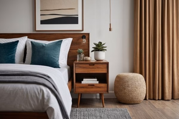 walnut bedside table with open self