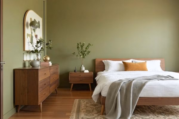 walnut night stand in bedroom