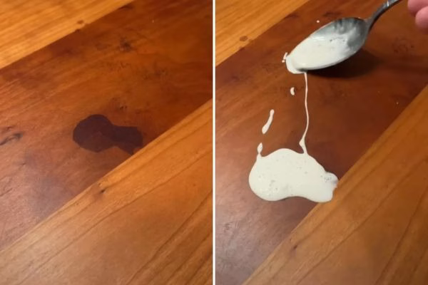 A side-by-side demonstration of a DIY furniture restoration hack