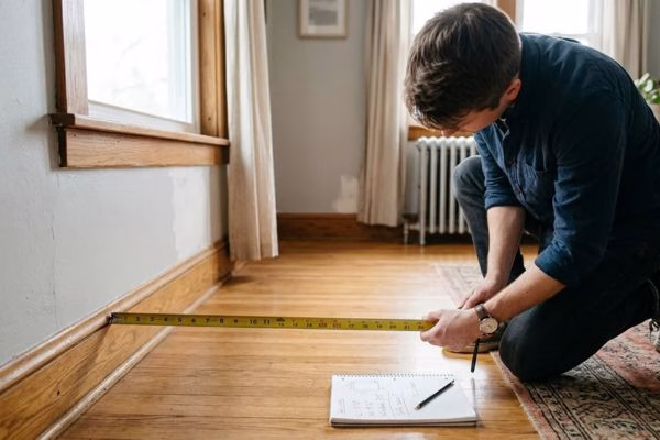 carpenter kneeling on a hardwood floor to measure a wall length