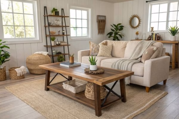 A rectangular rustic wooden coffee table with a bottom storage shelf