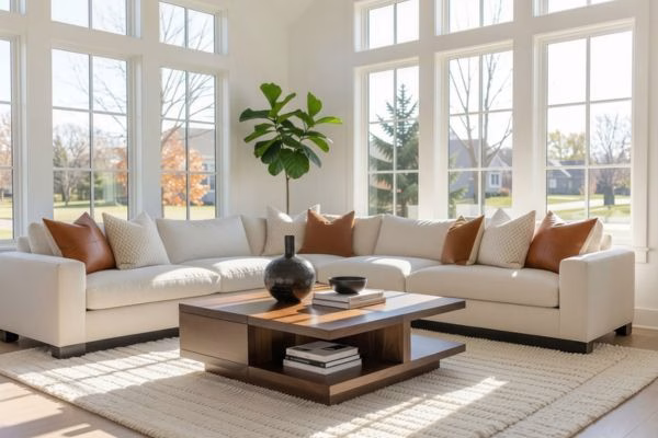 A large square dark walnut wood coffee table with a modern block design