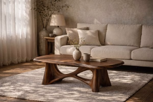 A low rectangular live-edge walnut coffee table