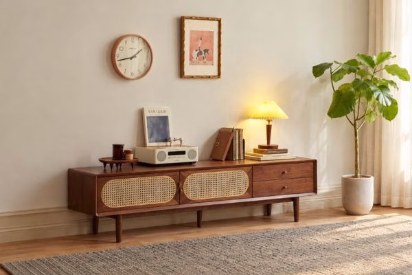 mid century solid wood rattan tv stand